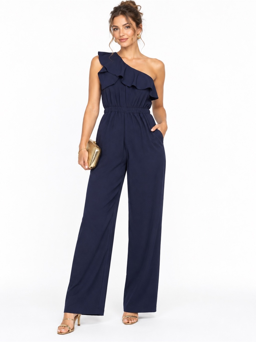 One-Shoulder Ruffle Wide-Leg Jumpsuit - Navy